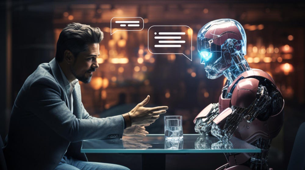 Futuristic digital illustration showing human and AI interaction with holographic technology and data streams