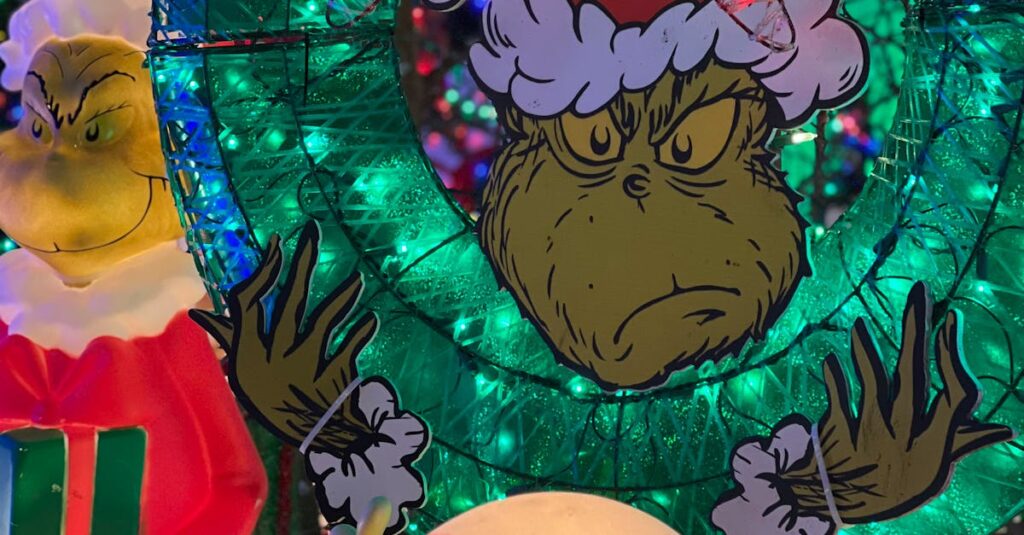 Colorful Christmas scene featuring Grinch decor with lights and candy cane.